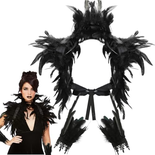 Meleager Federkragen, Federcape, Federmanschetten, Gothic Federumhang, Shrug federumhang Kostüm mit Feder Manschetten, Federschal für Männer und Frauen, für Karneval Halloween Cosplay