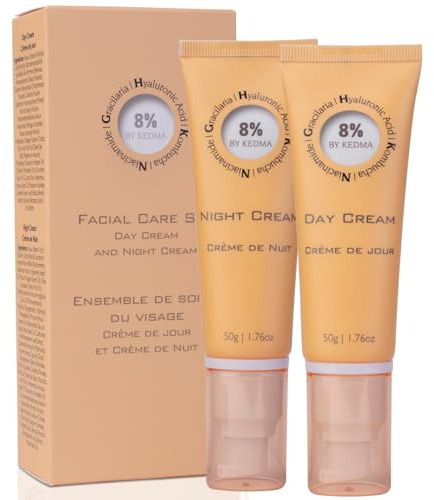 8% - Set de Cremas Hidratantes Día y Noche - Ácido Hialurónico, Colágeno y Kombucha - Anti-Edad y Luminosidad - Todo tipo de piel - Sin parabenos, sulfatos ni siliconas - 2x50 g