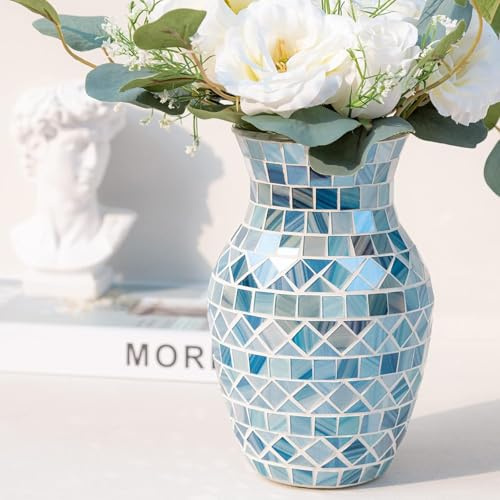 Jarrón de Vidrio Mosaico Azul para Flores – Jarrón Decorativo Moderno Hecho a Mano – Florero para Hogar, Centro de Mesa, Bodas, Salón y Estantería