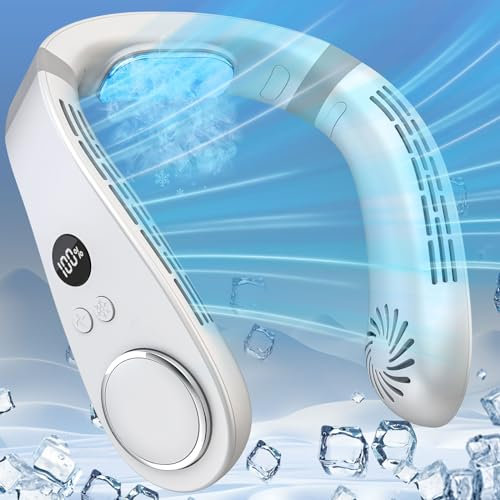 DDKJ Ventilatore Collo Aria Condizionata 3 Livelli Freddo,Aria Condizionata Collo 5 Velocità,Portatile Neck Fan Display LED,Ventilatore Portatile USB Viaggi/Scuola/Sport/Ufficio-Bianco
