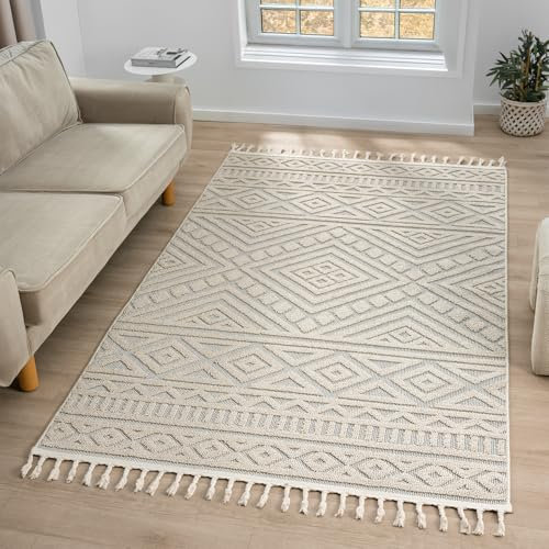 VIMODA Teppich Boho Wohnzimmer, Schlafzimmer, Fransen Skandinavisch, Waschbarer Teppich 3D, Farbe:Beige, Maße:80x150 cm