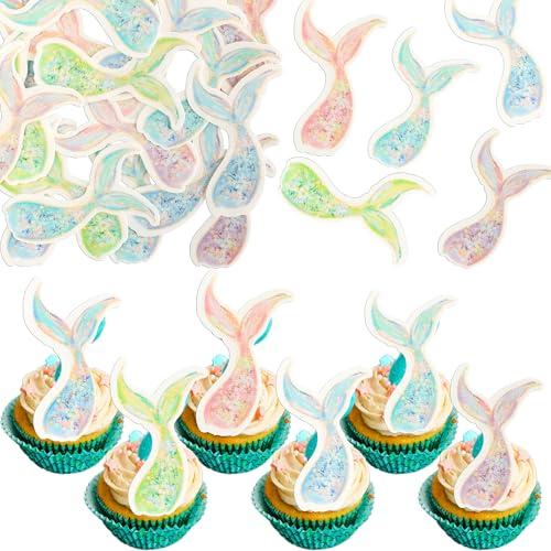 Gyufise 54Pcs Edible Mermaid Tail Cupcake Toppers Wafer Paper Mini Under the Sea Cake Dessert Pick Decorations for Mermaid Party Decoration Baby Shower Supplies Pink Purple
