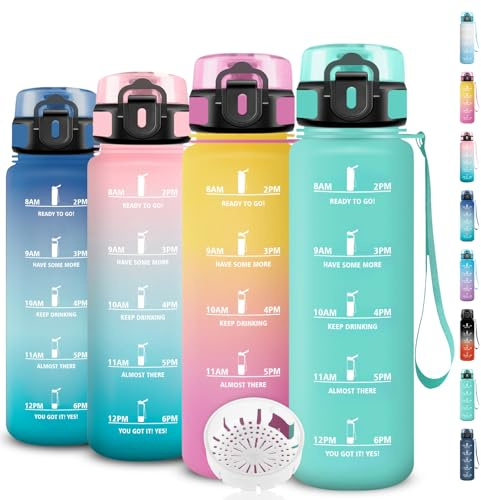 Grsta Gourde 1l, Bouteille Sport anti Fuite, Gourde Graduée pour 1 Journee, Facile à Nettoyer,avec Marqueur de Temps, pour Running, Voyage, École, Sport, Extérieur