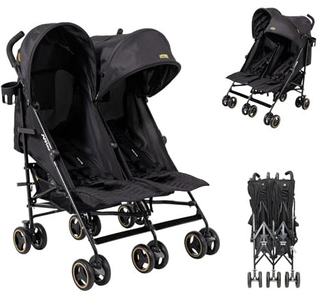 Jovikids Geschwisterwagen, Zwillingskinderwagen mit Liegefunktion, Klappbar Reisebuggy Inkl. Sonnenverdeck, Regenverdeck und Getränkehalter