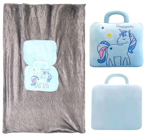 LKNBIF 2-in-1 Blanket and Pillow, Unicorn Travel Pillow & Blanket Hand Ultralight Portable, Throw Blankets for Long Airline Flights Business trip and Office, Plane Car Camping (Blue)
