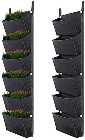 Riuulity 6 Pockets Hanging Planting Bags, Breathable Wall Planter, Useful Vertical Gardening Grow Bags, Home Garden (Black)