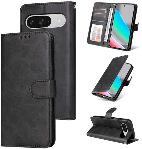 E-Lush Mobiltelefonfodral för Google Pixel 10/10 Pro/9/9 Pro, fodral läder, PU, magnetiskt hopfällbart skal, flip plånbok, kortfack, 360, stötsäkert skyddsfodral för pixlar, 10 Pro/9 Pro, fodral med
