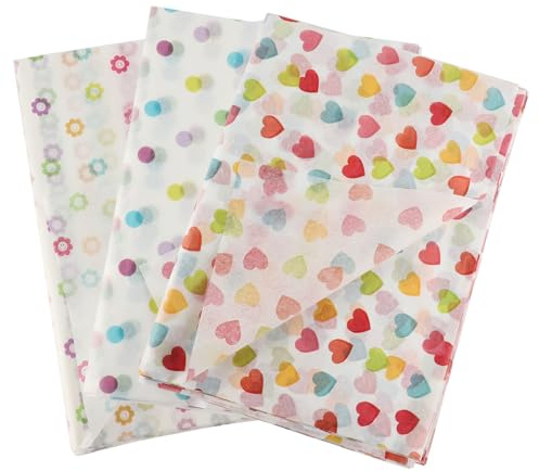 Lvjkes Papel de seda, 60 hojas grandes de papel de seda, papel artístico, perfecto para envolver regalos, almacenar, embalar, arte y manualidades (50cm x 70 cm, Corazones/Puntos/Flores)