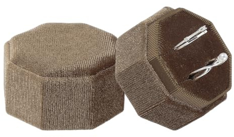 QUARKZMAN Caja De Anillos De Terciopelo 2 Ranuras Porta Anillos Nupciales Octagonal Caja Para Joyería Estuche Regalo Para Boda Propuesta Matrimonio Compromiso Marrón