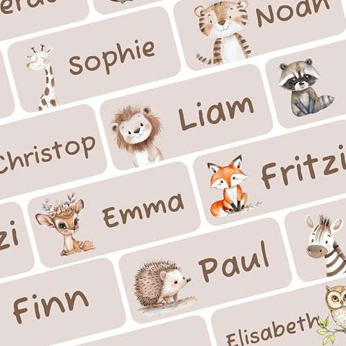Namensaufkleber für Kinder, Kleidung & Gegenstände Namensschilder personalisiert und waschmaschinenfest, Schule und Kindergarten (Dschungeltiere, 42 Stück)