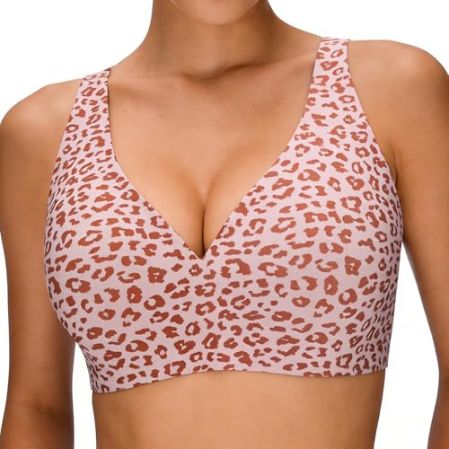 GDDDYWWJ Seamless Jelly Bra,Full Cup Leopard Print Bra Comfort Sleep Jelly Push Up Bra Seamless No Under Wireless Bras for Women UK Everyday T Shirt Bras