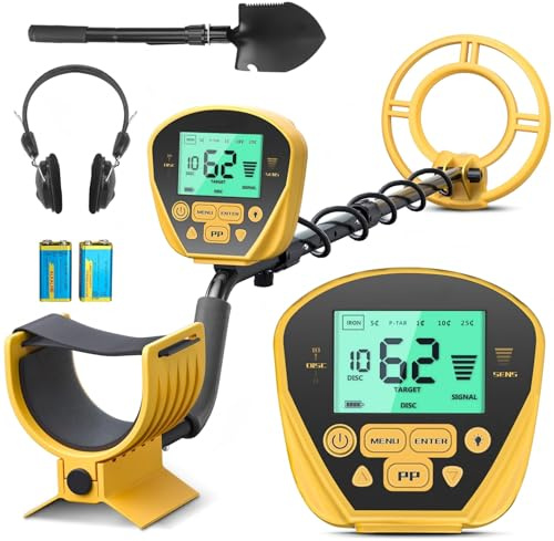 Metal Detector Professionali, Metaldetector Portatile per Adulti, Bobina di Ricerca Impermeabile da 10, Display LCD, 5 modalità (Giallo)
