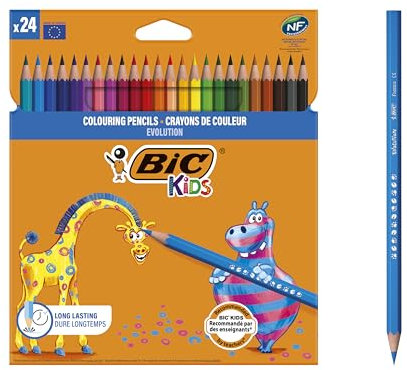 BIC Kids Buntstifte ECOlutions Evolution, zum Malen in 24 Farben, im Karton Etui, ab 5 Jahre, Bruchsichere Mine & ohne Holz
