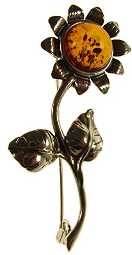 Baltic amber and sterling silver 925 cognac sunflower brooch pin