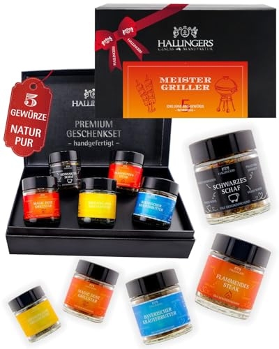 Hallingers Genuss Manufaktur Gewürz Geschenk-Set - 5 Gewürze aus aller Welt in wertiger Geschenkbox mit Rezept-Booklet Meistergriller, Geschenkidee für Männer Freund