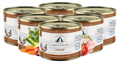 Lakefields Premium Hundefutter Nass | Huhn 61% | 6 x 200g | Getreidefreies Nassfutter für Hunde | Natürliche Zutaten in Lebensmittelqualität | Karotten, Kartoffeln & Apfel | Schonend gegart