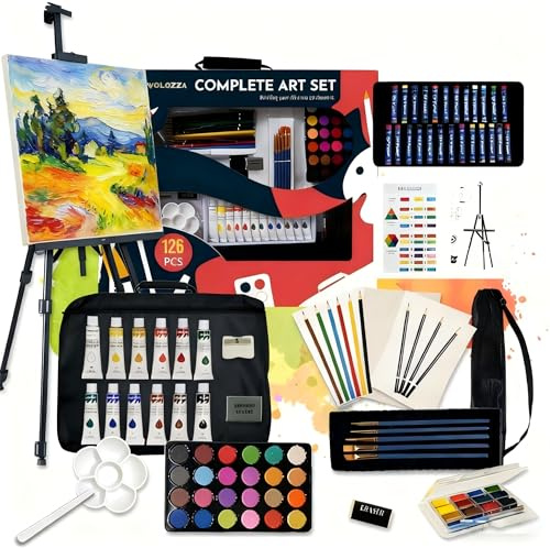 TAVOLOZZA 126 Piece Acrylic Painting Kit with Floor Easel, Oil Arcylic and Watercolor Paint Set, Great Gift for Beginner, Student, Adults and Artists