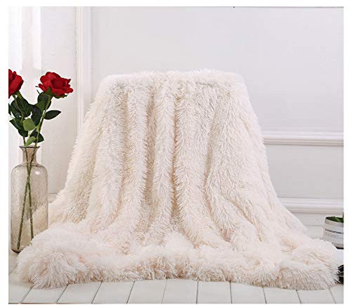Hggzeg, Coperta a pelo lungo super morbida, elegante e accogliente, in finta pelliccia, decorativa, per divano, sedia e letto (bianco, 160 x 200 cm)