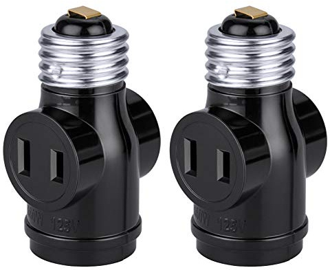 DiCUNO UL Listed E26 to 2 Polarized Outlet Socket Adapter, Standard (Medium) E26 Base Light Bulb to 2-Prong Outlet Plug Splitter Converter, Black, 2-Pack