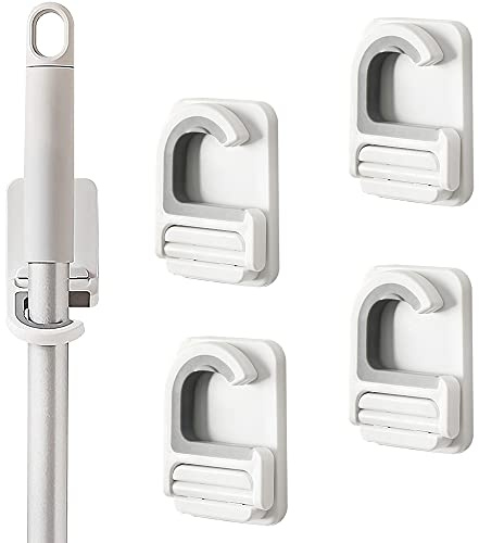 CaiYuanGJ 4 Stück Selbstklebend Besenhalterung, Mop Besen Halter, Selbstklebender Mopp Clip, Besenhalterung Wand Selbstklebend, Besenhalter, Ohne Bohren, Einfach Einzustellen, für Haushalt Bad Küche