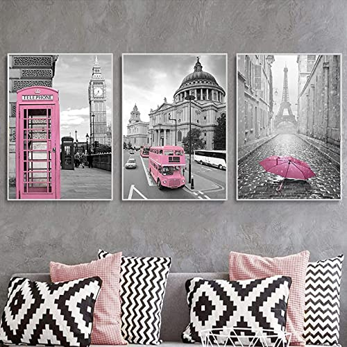 Leinwand Bild Rosa Schwarz Weiß Poster Paris Abstrakte Kunstdruck Leinwand Bilder Dekoration Wand Bilder für Wohnzimmer Schlafzimmer Dekor Rahmenlos-50×70cm×3pcs