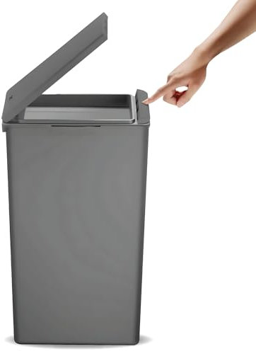 EKO Morandi 40L Kitchen Recycling Bin with Touch-Top Lid, Slim Plastic Rubbish Bin with Recycling Stickers and Easy-Clean Finish, Compact Design for Home or Office, Dark Grey
