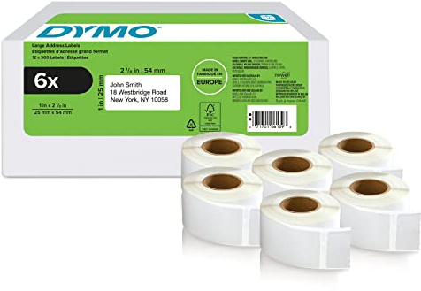 DYMO Original LabelWriter Rücksendeadressetiketten | 25mm x 54mm | 6 Rollen mit je 500 leicht ablösbaren Etiketten (3.000 Stück) | selbstklebend | Beschriftungsgerät für LabelWriter Etikettendrucker