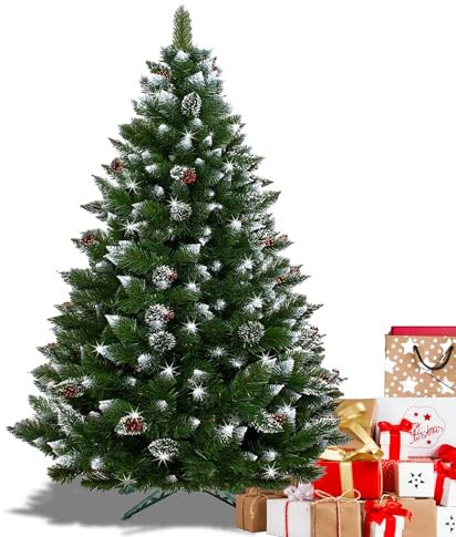 SPRINGOS Sapin de Noël Artificiel Premium 180 cm Pin Diamant avec Neige Artificielle et Vrais cônes Aspect Hivernal