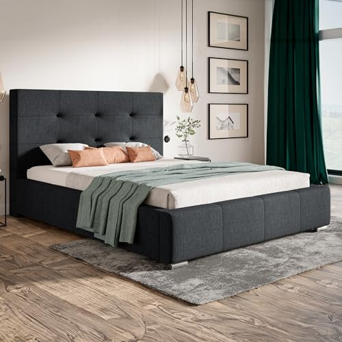 MOTIVENA Paul Bett 200x200 Grau Stoff, mit Stauraum, mit Kopfteil, mit Lattenrost, mit Füßen, ohne Matratze, Polsterbett 200x200 mit Bettkasten Grau (Dunkelgrau)