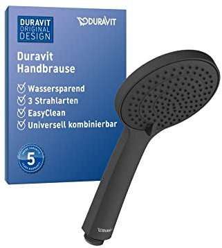 Duravit wassersparender Duschkopf, Duschbrause mit 3 Strahlarten (Rain, Intense Rain, Soft Rain), Handbrause rund (Ø110mm), Brausekopf mit wassersparender Funktion, reinigungsfreundlich, Schwarz Matt