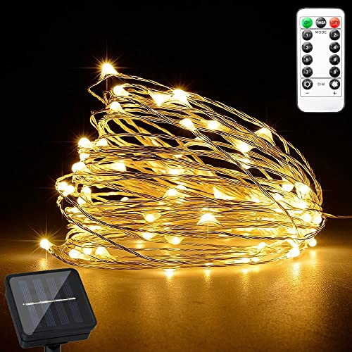 Lumiled Solar Lichterkette Außen Draht 20M LED mini Licht Kupferdraht 200 LEDs mit Fernbedienung IP44 Warmweiß Solarlichterkette Dimmbar Kupfer Hochzeit Garten Terrasse Balkon Weihnachtsbeleuchtung