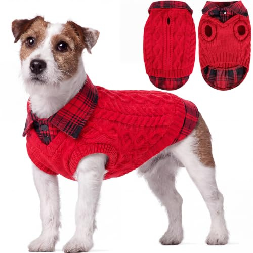 CITÉTOILE Hundepullover Strickpullover Karo Rollkragen Leinenlöcher XL | Warme Welpenkleidung, Traktion Loch, Geeignet für kleine & mittlere Hunde, Katzenpullover, Herbst Winter Weihnachten, Rot