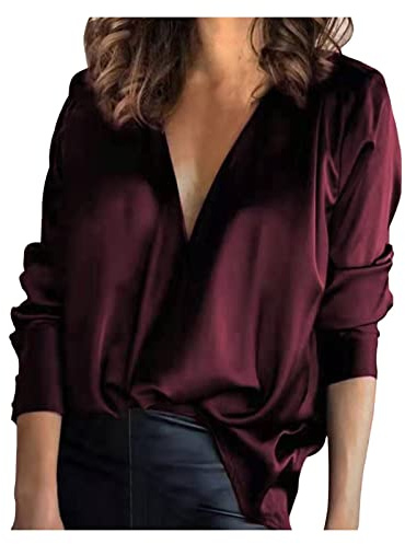 Langarmshirt Damen V Ausschnitt- Satin Bluse Damen Elegant,Seidenbluse Damen Tunika Top Langarm T Shirt Oberteile Seidenhemd Locker Lässig Sexy Blusenshirt Hemd Tops Blusen & Tuniken für Frauen