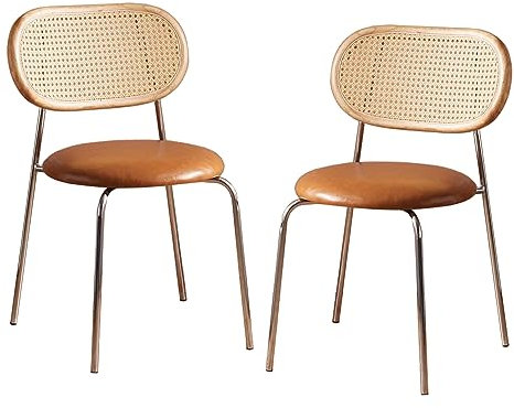 lirrebol Runde Esszimmerstühle im 2er-Set, mit Kunstleder gepolsterte Rattan-Küchenstühle, Moderne Mid-Century-Esszimmerstühle mit Rattangeflecht-Rückenlehne und Metallbeinen, Weiß/Schwarz/Braun