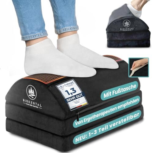 Birkental Fußstütze Schreibtisch – (TESTSIEGER) 3 Fach höhenverstellbar mit flauschiger Fußtasche-Ergonomisch höhenverstellbare, rutschfeste Fußablage–Büro und Schreibtisch Zubehör-Fußbank Fußhocker