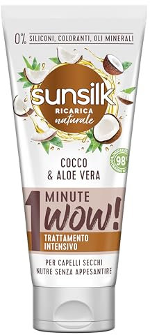 Sunsilk, Trattamento Intensivo 1 Minute Wow, Maschera Capelli Secchi, con Cocco e Aloe Vera, 98% di Ingredienti di Origine Naturale, Senza Siliconi, Coloranti e Oli Minerali, 180ml