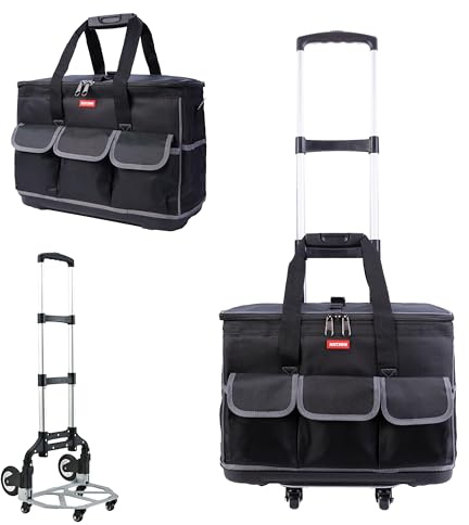 Justzon Rolling Tool Bag with Wheels - Aluminum Alloy Trolley for Electrician & HVAC