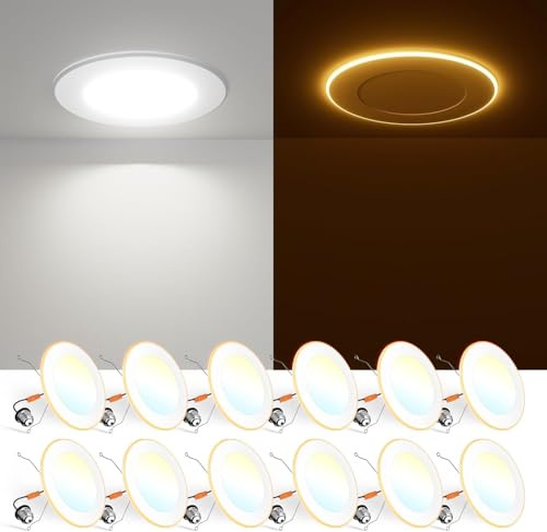 FREELICHT 12 Pack 5/6 Inch 5CCT LED Recessed Can Light with Night Light, 2700K/3000K/4000K/5000K/6000K Selectable Flat Recessed Lighting, 10W=110W, 1000LM, Dimmable Retrofit - ETL & FCC