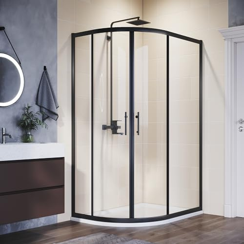 ELEGANT 1200 x 800 mm Left Black Framed Offset Quadrant Shower Enclosure 6mm Tempered Sliding Glass Cubicle Door with Tray + Waste