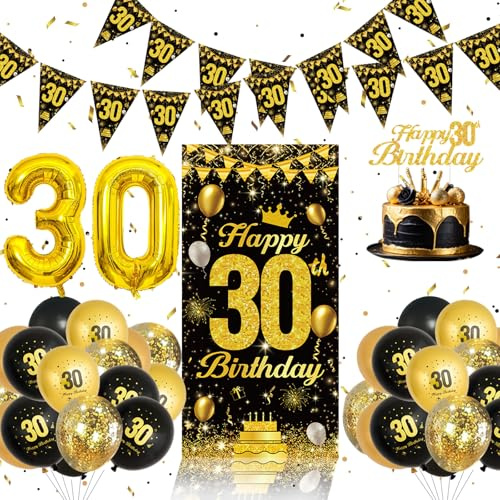 30 Geburtstag Männer Frauen - Deko 30 Geburtstag Mann mit Banner, Luftballons Schwarz Gold, Konfetti, Schwarz Gold Hintergrund für Männer & Frauen Deko Geburtstag 30 Jahre Happy Birthday(30th)