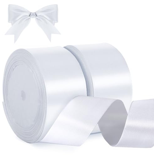 2 Rolln Schleifenband Weiß,22m X 38mm Satinband Weiss,Hochzeit Geschenkband Breit Dekoband,Geschenkbänder Stoffband für Geschenkverpackung Basteln Blumen Deko