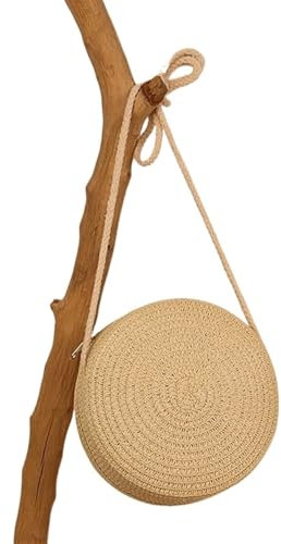 ZWCSHUU Häkeltaschen für Frauen Rattan gestrickte Candy Color kleine Handtasche Runde Strohtasche Frauen gewebte Strand Umhängetasche for Damen süße Schultertasche(Beige)