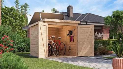 CHILLROI® Karibu Fahrradgarage aus nordischer Fichte für 3 Fahrräder – 3,4 m², inkl. Solarkit, wetterfest, Halterungen & Zubehör – Naturbelassen oder Terragrau (naturbelassen)