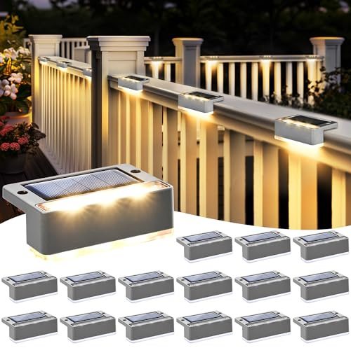 Solpex Lot de 16 lampes solaires étanches LED - Éclairage extérieur pour escalier, marches, clôture, jardin, cour, terrasse, gouttière - Décoration (gris, blanc chaud)