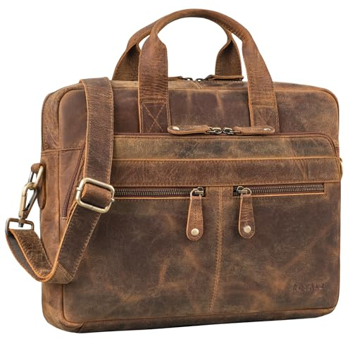 ROYALZ 'Lexington' borsa a tracolla moderna in vera pelle uomo donna medio-grande - borsa piatta in pelle per laptop 13-14,5 pollici da portare a tracolla, Colore:Nevada Marrone