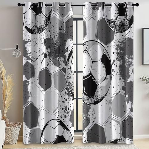Vorhang Einfach Graffiti Fußball Drucken Grau mit Ösen Verdunklungsvorhänge Gardinen Thermo Vorhänge Blackout Curtain Kinder Wohnzimmer Schlafzimmer H166 x B75 cm (2er Pack)
