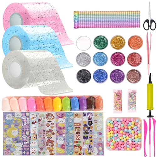 FFTANXS 53 Stück Nano Tape,Nano Tape Bubbles Set mit 3 Nanotape(5cmx3m)+50 Deluxe Materialpakete,Nanoband für Stressabbau und Spaß,Bubbles Diy Set für Mädchen,Jungen,Party Geschenke(Rosa+Blau+Weiß)