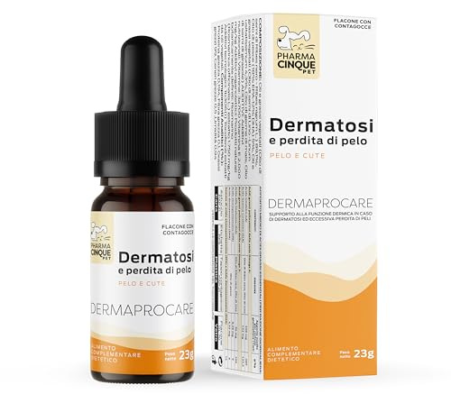 Integratore Dermatite e Prurito Cane e Gatto – Supporto Pelle Sensibile, Perdita di Pelo e Pelo Opaco – Omega 3, Omega 6, Vitamina E, Ribes Nero e Lino – Dermoprocare 23 g con Contagocce
