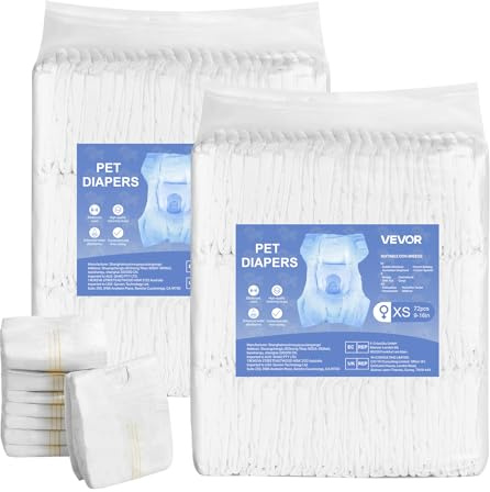 VEVOR Pannolini Monouso per Cani, Super Assorbenti per Cani Femmine, Pannolini a Prova di Perdite a 360° con Indicatore di Umidità per Addestramento, XS, 144 Pezzi, 2 Confezioni da 72