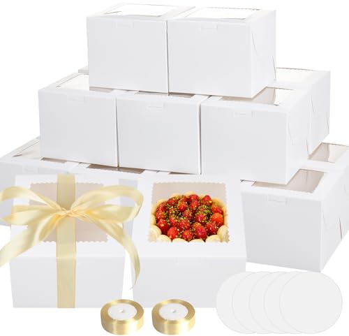 40 Pcs 6x6x5 Inch Mini Cake Boxes with Cake Boards for Bento Small Cake | 20 Boxes and 20 Boards, Transparent Window, Ribbons, Small White Bakery Container for Cookie Pastry Birthday Party Christmas